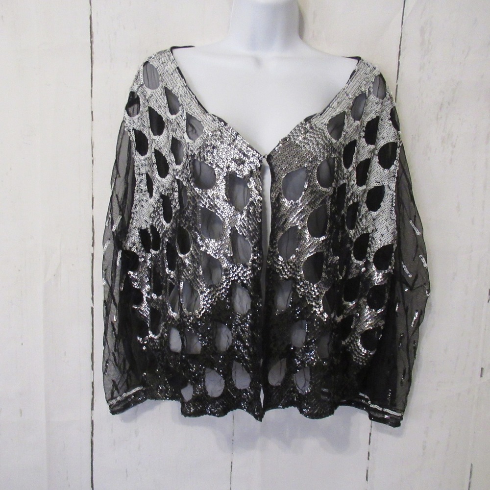 Roamans Jacket 26W Black Silver Sequin Kimono Topper Cocktail Party Holiday
